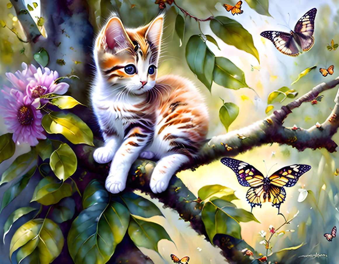 Striped kitten on tree branch with butterflies and flowers