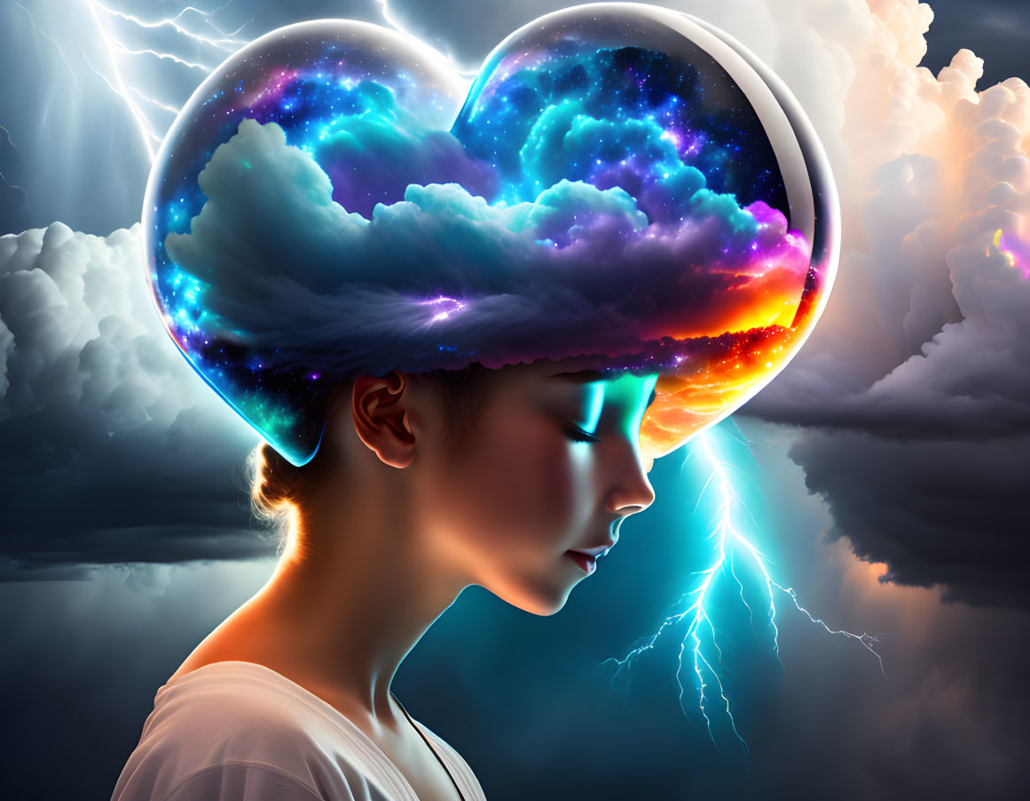 Surreal profile image with cosmic brain cloud in dramatic sky