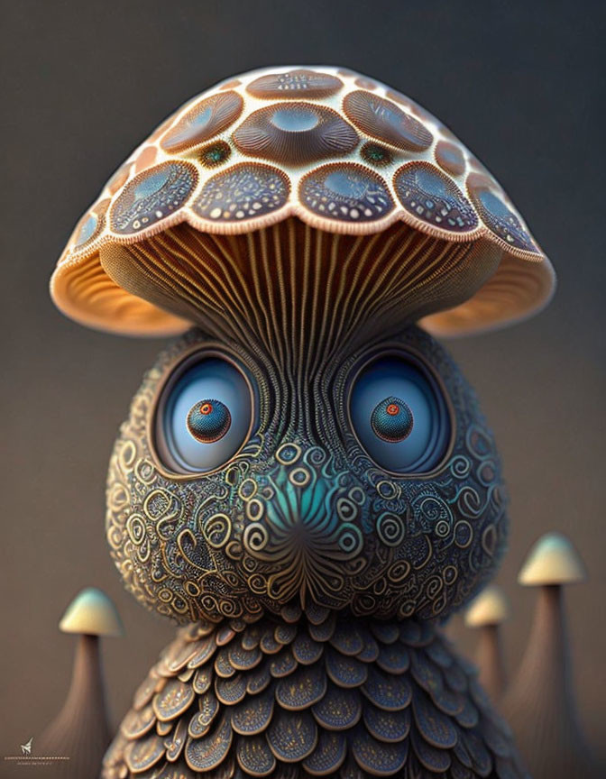 Digital creature with blue eyes and mushroom cap design.