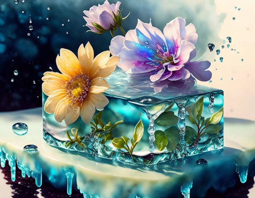 Colorful flowers frozen in melting ice cubes with water splashes on dark bokeh background
