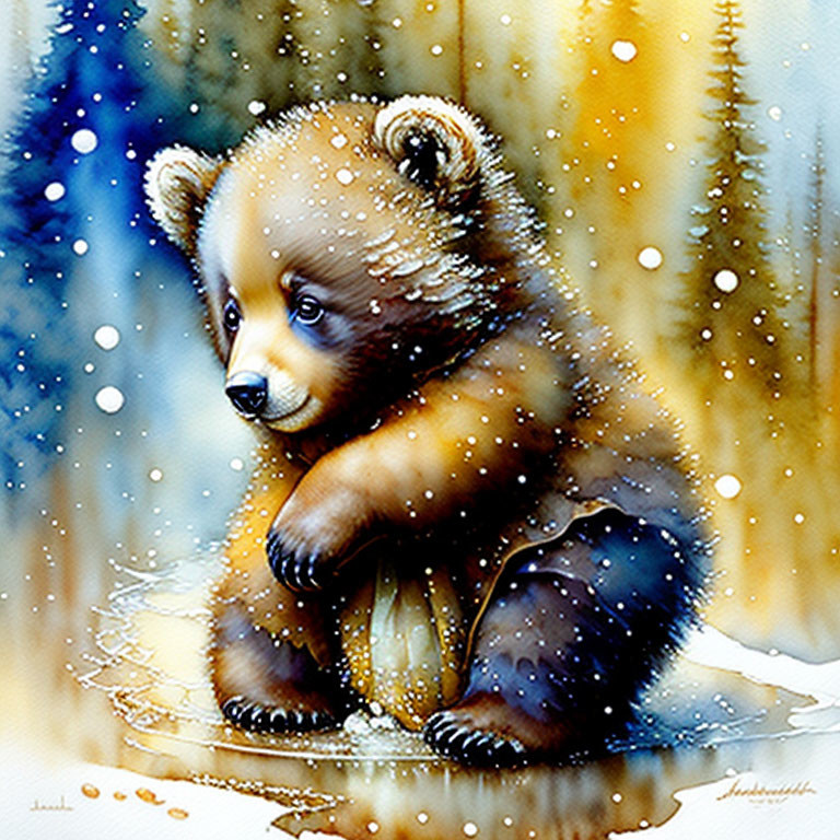 Baby bear illustration in snow with falling snowflakes