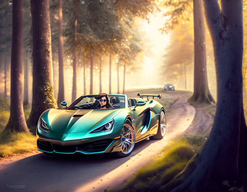Driving through the woods in a sports car 