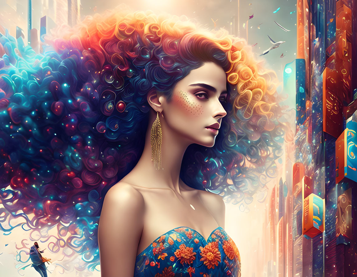 Colorful-haired woman in surreal illuminated cityscape