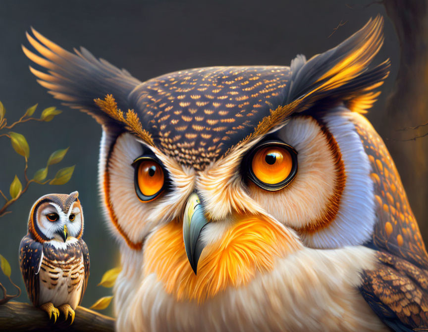 Detailed illustration: Large owl with orange eyes and smaller owl on branch