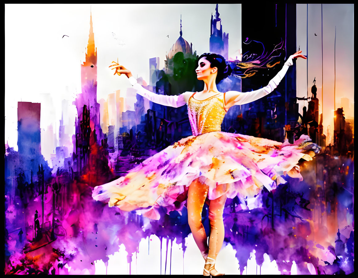 Colorful Ballerina in Tutu Dancing Against Vibrant Cityscape