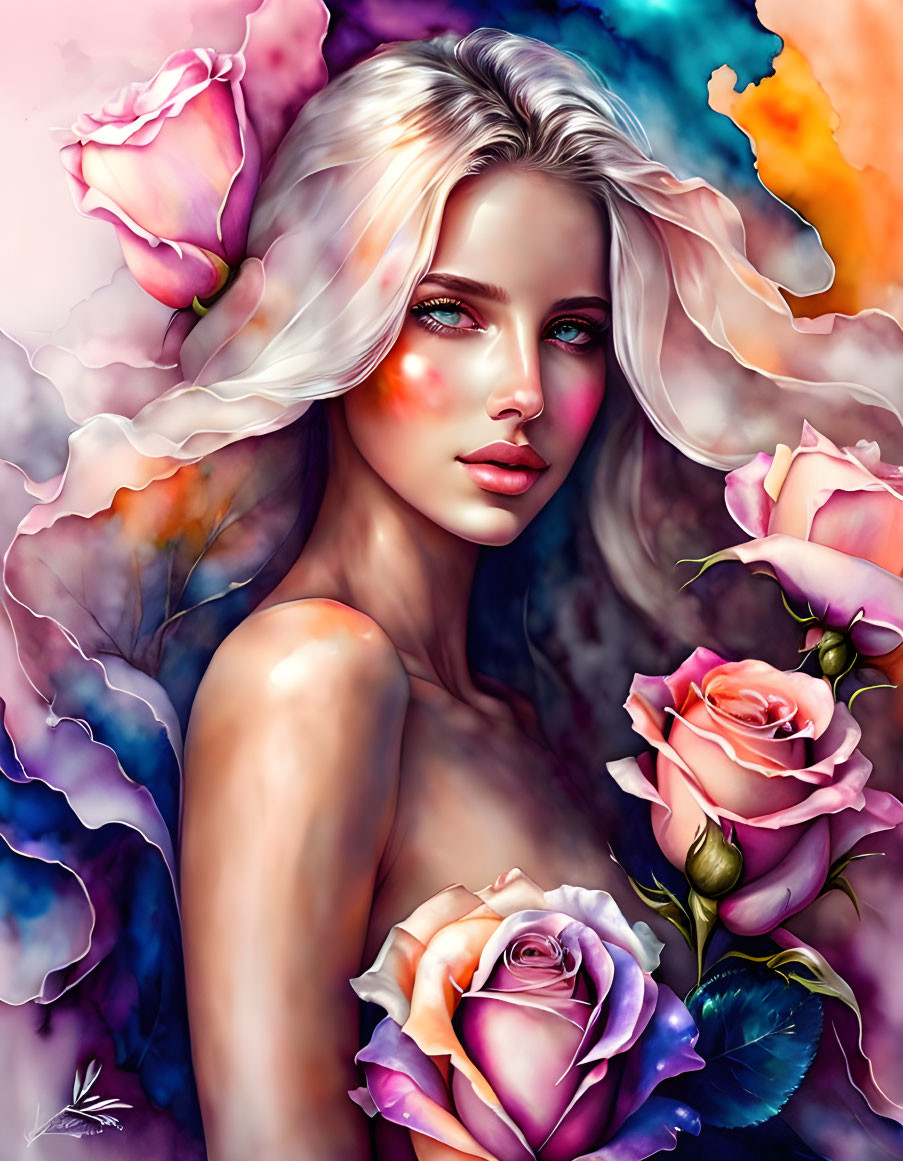 Colorful digital portrait of a woman with flowing hair and roses on pastel background