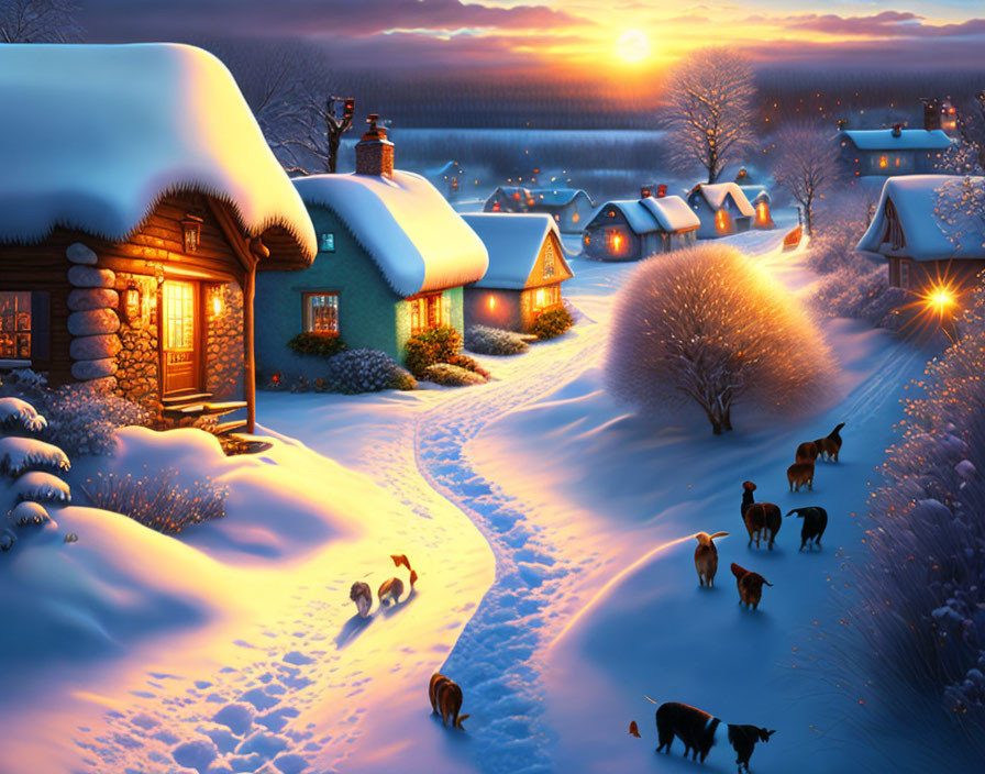 Snow-covered winter village at sunset with glowing cottages and snowy path.