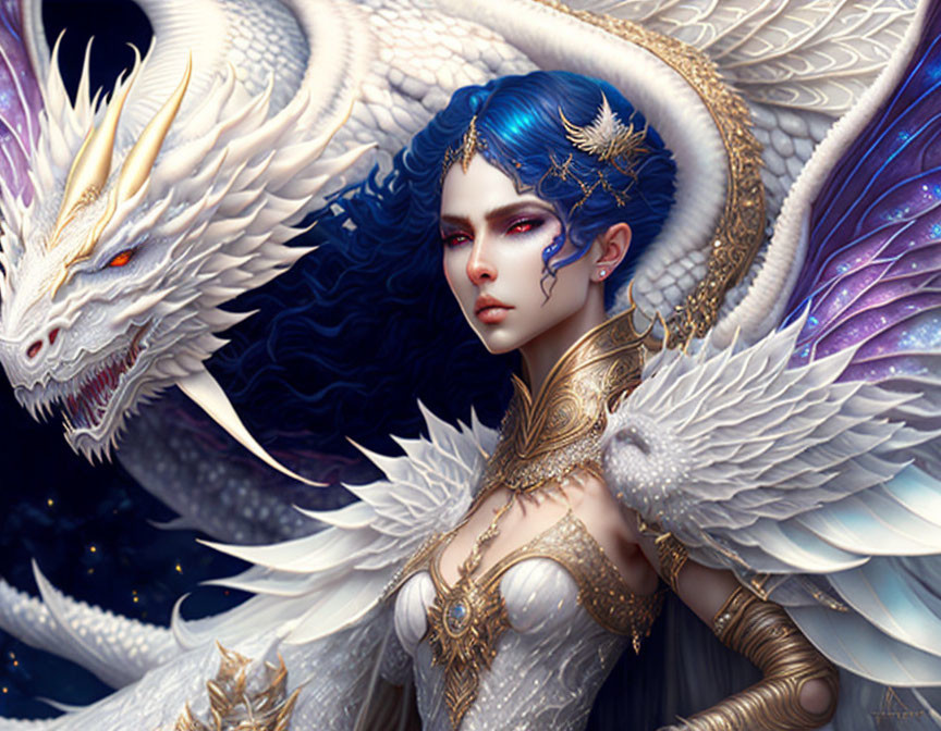 Fantastical illustration of woman with blue hair and golden armor with white dragon