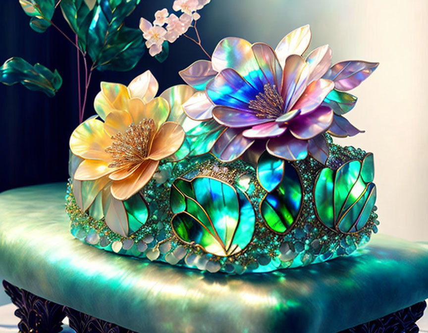 Intricate crown with iridescent leaves and colorful flowers on blue cushion