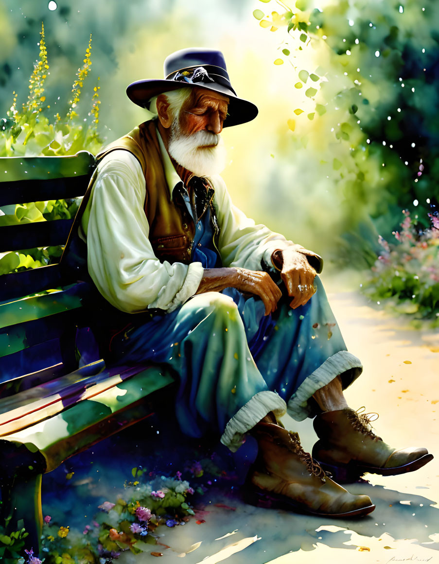 Elderly man with white beard on park bench surrounded by lush greenery