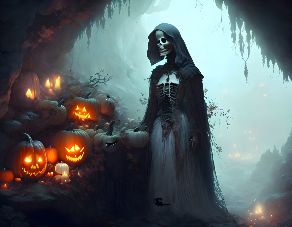 Eerie cave scene with skeletal figure and carved pumpkins