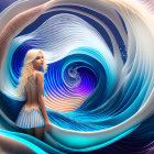 Silver-haired woman in aquatic-themed dress merging with surreal waves