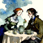 Victorian-era couple at table with flowers and tea set in whimsical setting