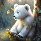 White Bear Cub Illustration Among Yellow Leaves with Soft Glow
