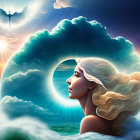 Surreal woman's profile with flowing hair and glowing halo in radiant sunlight