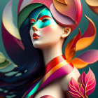 Colorful digital artwork: Woman with flowing hair and stylized leaves on teal background