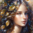 Ethereal woman with flowing hair and autumn leaves in dappled light