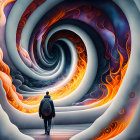 Person walking towards swirling fiery orange and cool blue vortex