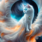 White Cat with Blue Eyes in Cosmic Space Scene