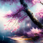 Person in White and Pink Outfit Walking Under Cherry Blossom Tree on Magical Rainy Path