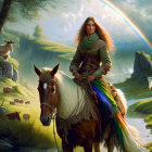 Medieval woman on horse with rainbow, surrounded by riders and animals in lush valley