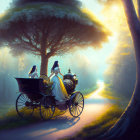 Vintage horse-drawn carriage with passengers in sunlit forest path.