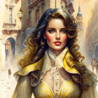 Detailed digital portrait of woman in yellow period costume with wavy hair and makeup against European street backdrop