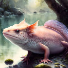 Giant pinkish-white axolotl creature by serene water and greenery