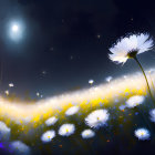 Moonlit digital painting of white daisies and fireflies in a serene night scene