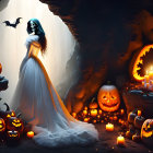 Spooky Halloween scene with skeleton bride, jack-o'-lanterns, candles, and bat