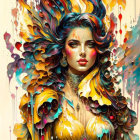 Colorful Digital Artwork: Woman with Flowing Hair and Tattoos
