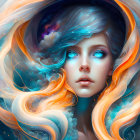 Illustrated portrait: Mystical woman with vibrant orange hair in cosmic sky