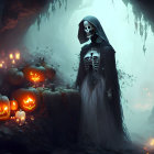 Eerie cave scene with skeletal figure and carved pumpkins