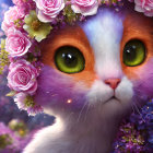 Colorful Cat Illustration with Green Eyes and Flower Crown