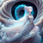 Digital artwork: Woman in vintage dress surrounded by swirling galaxy clouds