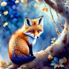 Red Fox Sitting Under Tree with White Blossoms on Blue Background