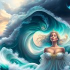 Mystical woman with crown emerges from intricate ocean wave under twilight sky