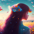 Woman with Floral Wreath Gazing at Birds in Vibrant Sunset Field