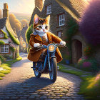 Anthropomorphic cat in coat on motorcycle in village street at sunset
