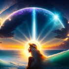 Woman's side profile with glowing halo against ocean backdrop and cosmic sky.