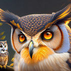 Detailed illustration: Large owl with orange eyes and smaller owl on branch