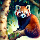 Red panda illustration on tree branch with green leaves in forest.