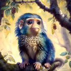 Sparkling Blue Monkey Artwork Perched on Branch amid Leaves and Berries