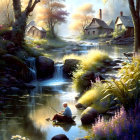 Tranquil landscape with person fishing by stream amid lush flora and waterfalls