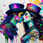 Colorful figures in top hats share intimate moment amid dynamic paint splatters