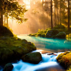 Tranquil forest landscape with sunbeams, mist, stream, and lush greenery