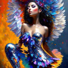 Vibrant digital artwork of a woman with feathered wings and ornate bodysuit