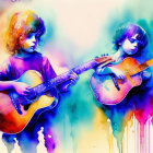 Vibrant watercolor painting of two children with guitars