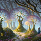 Enchanting forest scene with glowing purple trees on cobblestone path