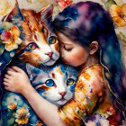 Girl in Yellow Dress Embracing Two Cats in Floral Setting